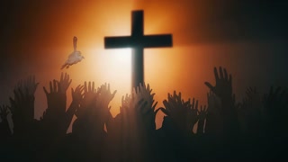 Silhouettes of hands raised in worship with light rays and Cross. Stock ...